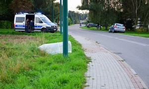 fragment kabiny samolotu leżący w trawie przy chodniku na ul. Suchodolskiej w Krośnie. W tle policyjny radiowóz