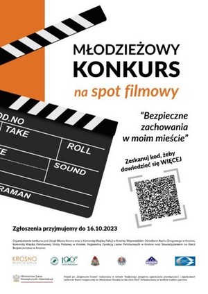 Na białym tle napis Młodzieżowy konkurs na spot filmowy, poniżej hasło „Bezpieczne zachowania w moim mieście”. W lewym dolnym rogu grafika filmowego klapsa. Poniżej logotypy partnerów akcji