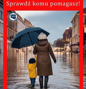 grafika przedstawiająca kobietę z dzieckiem stojących w wodzie z parasolem