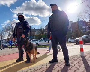 policjant z psem służbowym obok inni funkcjonariusz biorący udział w zabezpieczeniu