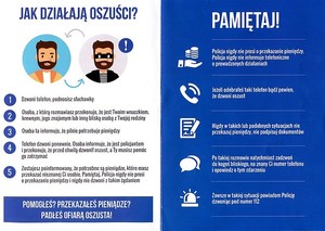 Grafika przestrzegająca przed działalnością oszustów, zatytułowana hasłem: „Jak działają oszuści”. Poniżej grafika uśmiechniętej twarzy mężczyzny w zestawieniu z grafiką tej samej twarzy ale w czarnej przepasce na oczach. Pod zbiorem informacji o działaniach przestępczych zaprezentowano zbiór wskazówek dla osób poszkodowanych przez oszustów