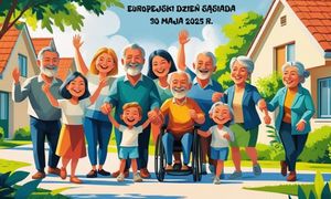 grafika przedstawiająca grupę osób, w tle osiedle domów