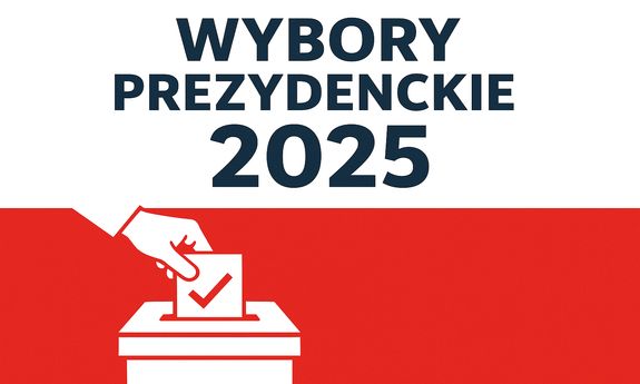 Grafika obrazująca biało-czerwoną flagę z hasłem wybory prezydenckie 2025