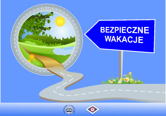 grafika kampanii z hasłem bezpieczne wakacje wpisanym w drogowskaz wskazujący słońce i jezioro