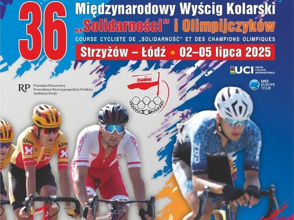 grafika wyścigu przedstawiająca kolarzy, w centralnej części hasło 36 międzynarodowy wyścig kolarski &quot;Solidarności&quot; i olimpijczyków