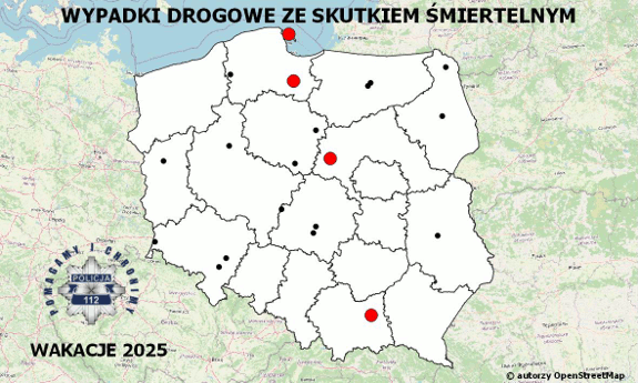 grafika kampanii przedstawiająca mapę Polski z hasłem w centralnej część Policyjna mapa wypadków drogowych ze skutkiem śmiertelnym - 2025