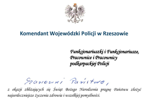 fragment treści listu komendanta wojewódzkiego policji w Rzeszowie