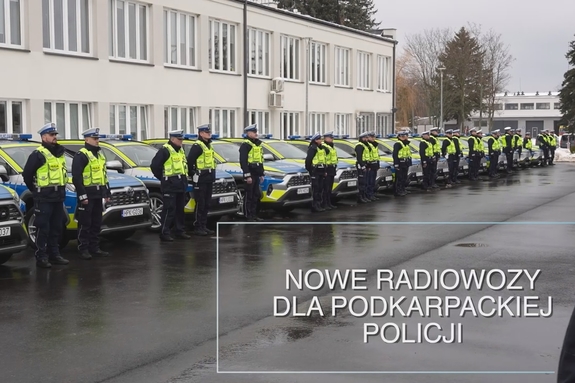 policjanci stojący przy zaparkowanych radiowozach