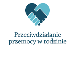 Na zdjęciu widnieją dwie dłonie w ułożone w kształcie serca, jedna koloru ciemnoniebieskiego, druga jasnoniebieskiego. Pod spodem widnieje napis "Przeciwdziałanie przemocy w rodzinie".